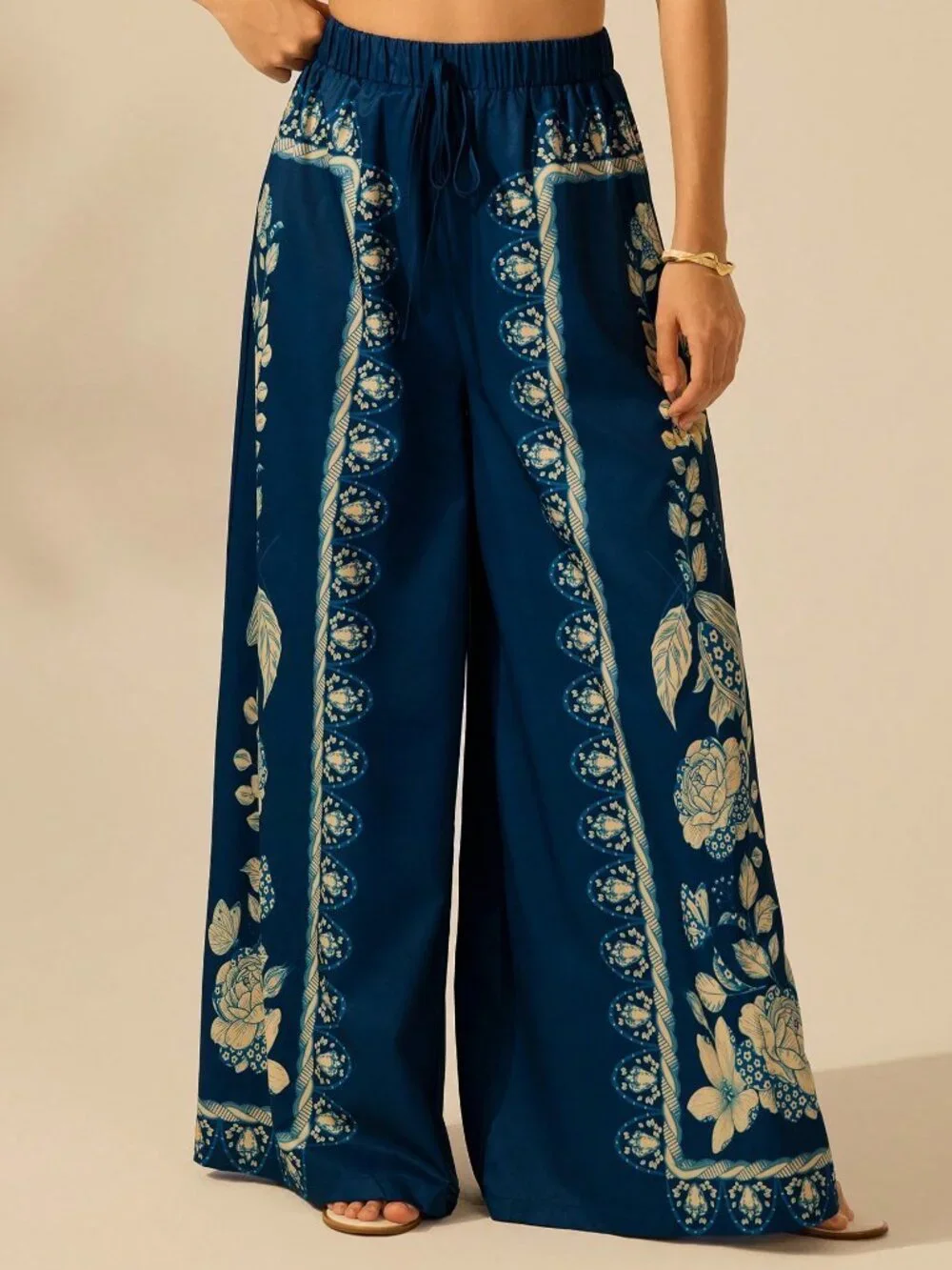 Dark Blue Boho Women's Tropical Plant Print Pants - Picture 4 of 7